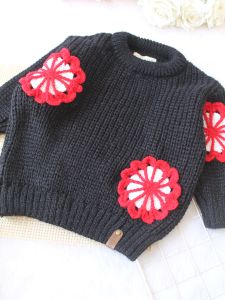 Crochet Full Sleeves Red White Floral Applique Sweater