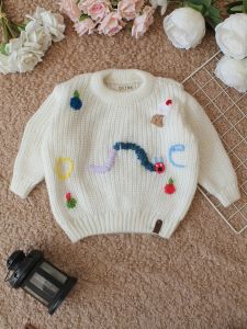 Hand Knitted Full Sleeves Caterpillar Designed One Text Sweater