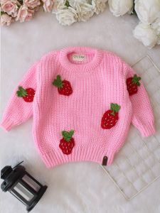 Hand Knitted Full Sleeves Strawberry Applique Detailed Sweater