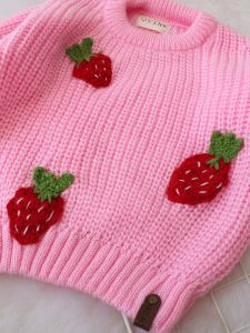 Hand Knitted Full Sleeves Strawberry Applique Detailed Sweater