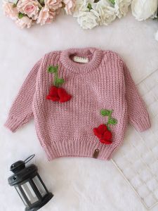 Hand Knitted Full Sleeves Tulip Floral Applique Detailed Sweater