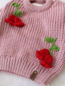 Hand Knitted Full Sleeves Tulip Floral Applique Detailed Sweater