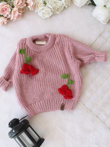 Hand Knitted Full Sleeves Tulip Floral Applique Detailed Sweater