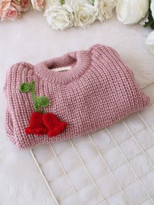 Hand Knitted Full Sleeves Tulip Floral Applique Detailed Sweater