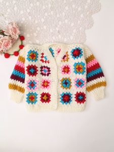 Handknitted Full Sleeves Granny Square Cardigan - Multicolor