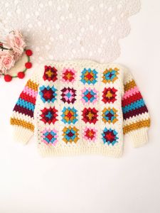 Handknitted Full Sleeves Granny Square Cardigan - Multicolor