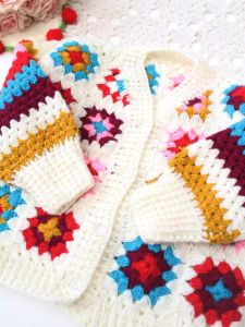 Handknitted Full Sleeves Granny Square Cardigan - Multicolor
