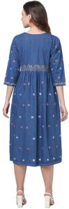 Ladies Blue Embroidered Denim Boho Dress