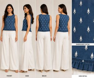 Ladies Stylish Blue Denim Embroidered Crop Top