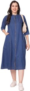 Ladies Blue Embroidered Denim One Piece Dress