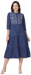 Ladies Blue Embroidered Denim One Piece Dress