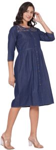 Ladies Blue Embroidered Denim One Piece Dress