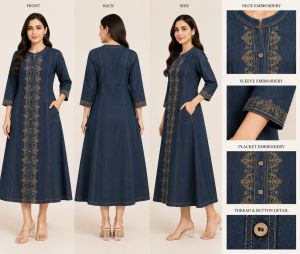Ladies Blue Embroidered Denim One Piece Dress