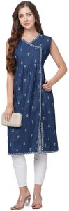 Ladies Sleeveless Blue Embroidered Denim Kurti