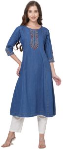 Ladies Sleeveless Blue Embroidered Denim Kurti