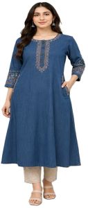 Ladies Sleeveless Blue Embroidered Denim Kurti