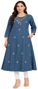 Ladies Sleeveless Blue Embroidered Denim Kurti