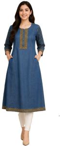 Ladies Sleeveless Blue Embroidered Denim Kurti