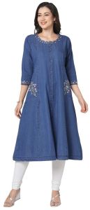 Ladies Sleeveless Blue Embroidered Denim Kurti