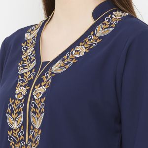 Ladies Navy Blue Floral Embroidered Cotton Kurti Set