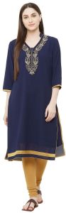 Ladies Navy Blue Floral Embroidered Cotton Kurti Set