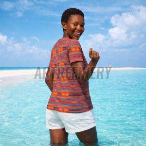 Womens Maroon Orange Geometric Serape Cotton T-Shirt