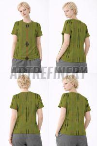 Womens Olive Green Geometric Cotton T-Shirt