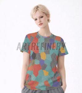 Womens Orange Teal Geometric Striped Pattern Cotton T-Shirt