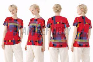 Womens Red Blue Geometric Print Cotton T-Shirt