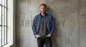 Mens Navy Cyan Digital Texture Stand Collar Jacket