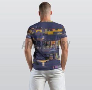 Mens Navy Blue Gold Pixelated Stripe Cotton T-Shirt