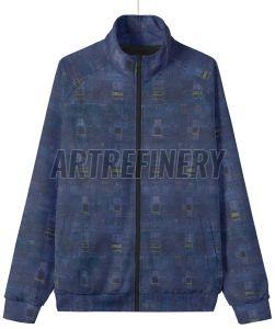 Mens Navy Cyan Digital Texture Stand Collar Jacket