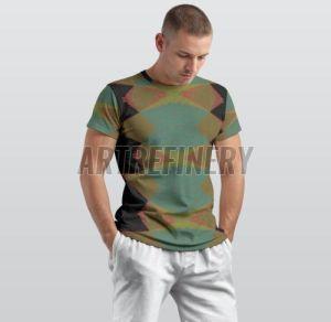 Mens Olive Green Dusty Teal Geometric Diamond Cotton  T Shirt