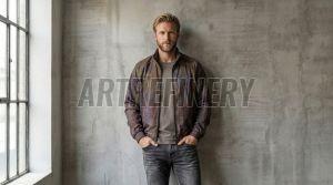 Mens Brown Abstract Texture Stand Collar Jacket