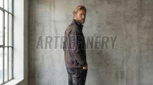 Mens Brown Abstract Texture Stand Collar Jacket