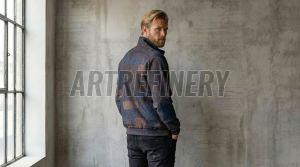 Mens Indigo Abstract Jacquard Texture Stand Collar Jacket