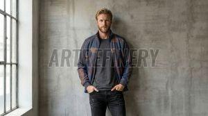 Mens Indigo Abstract Jacquard Texture Stand Collar Jacket