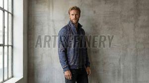 Mens Navy Blue Abstract Stand Collar Jacket