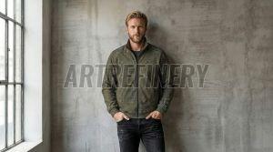 Mens Olive Green Abstract Grid Stand Collar Jacket