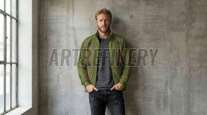 Mens Olive Green Outerwear Stand Collar Jacket