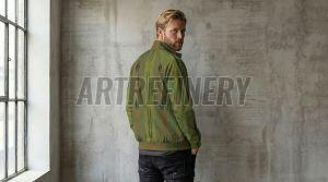 Mens Olive Green Outerwear Stand Collar Jacket