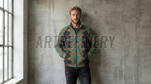Mens Teal Geometric Harlequin Stand Collar Jacket