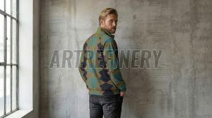 Mens Teal Geometric Harlequin Stand Collar Jacket