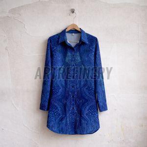 Womens Blue Abstract Pattern Lapel Shirt