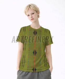Womens Olive Green Geometric Cotton T-Shirt