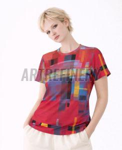 Womens Red Blue Geometric Print Cotton T-Shirt