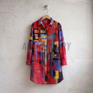 Womens Red Square Art Print Shirt