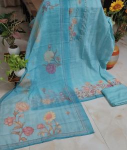 Pure Linen Cotton Embroidered Neckline Unstitched Suits