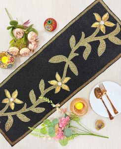 Black and Gold Floral Beaded Table Runner