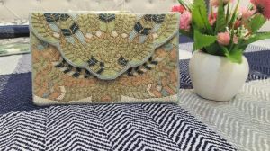 Feather Motif Beaded Envelope Clutch Purse